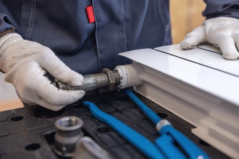 Gloved hands assembling a radiator valve on a bench, representative of hydronic heating work