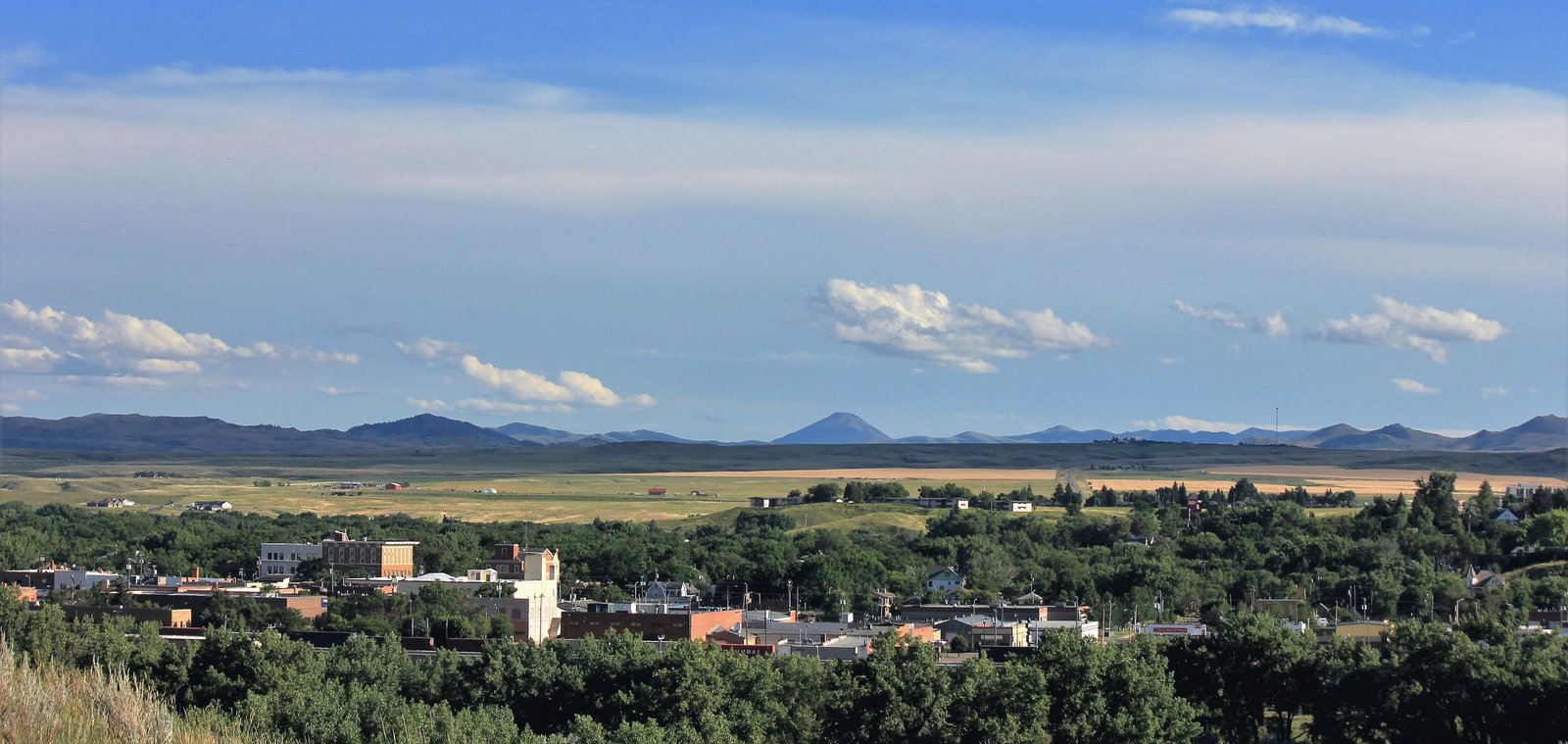 Havre, Montana seen from the hill above town, with the Bears Paw Mountains on the horizon