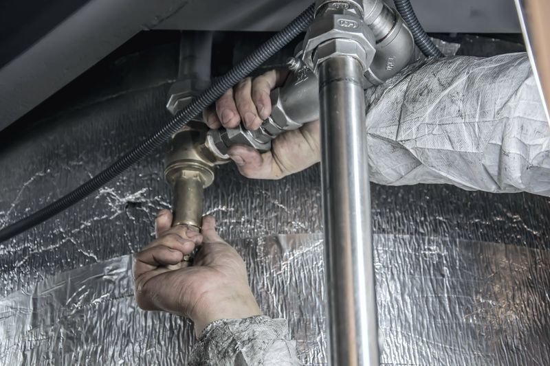Hands working steel supply fittings in a mechanical space, representative of commercial plumbing