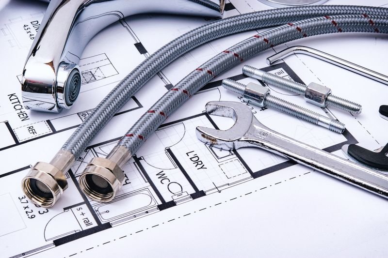 Braided supply lines and wrenches laid over a floor plan, representative of remodel rough-in planning
